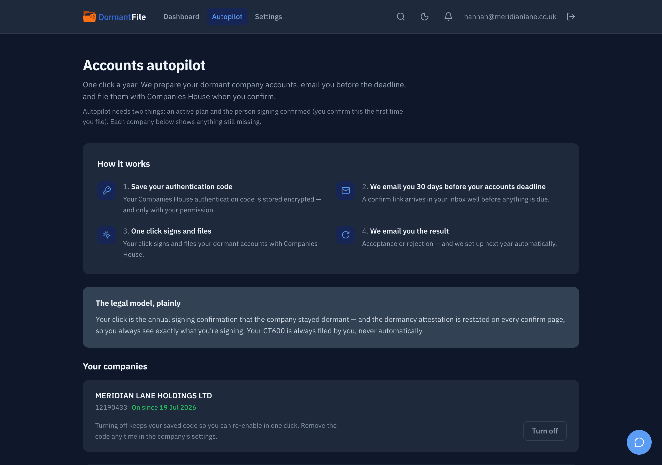 Autopilot settings for MERIDIAN LANE HOLDINGS LTD: enrolled, with the stored Companies House authentication code, the confirmed director, and the date the next accounts will be filed automatically.