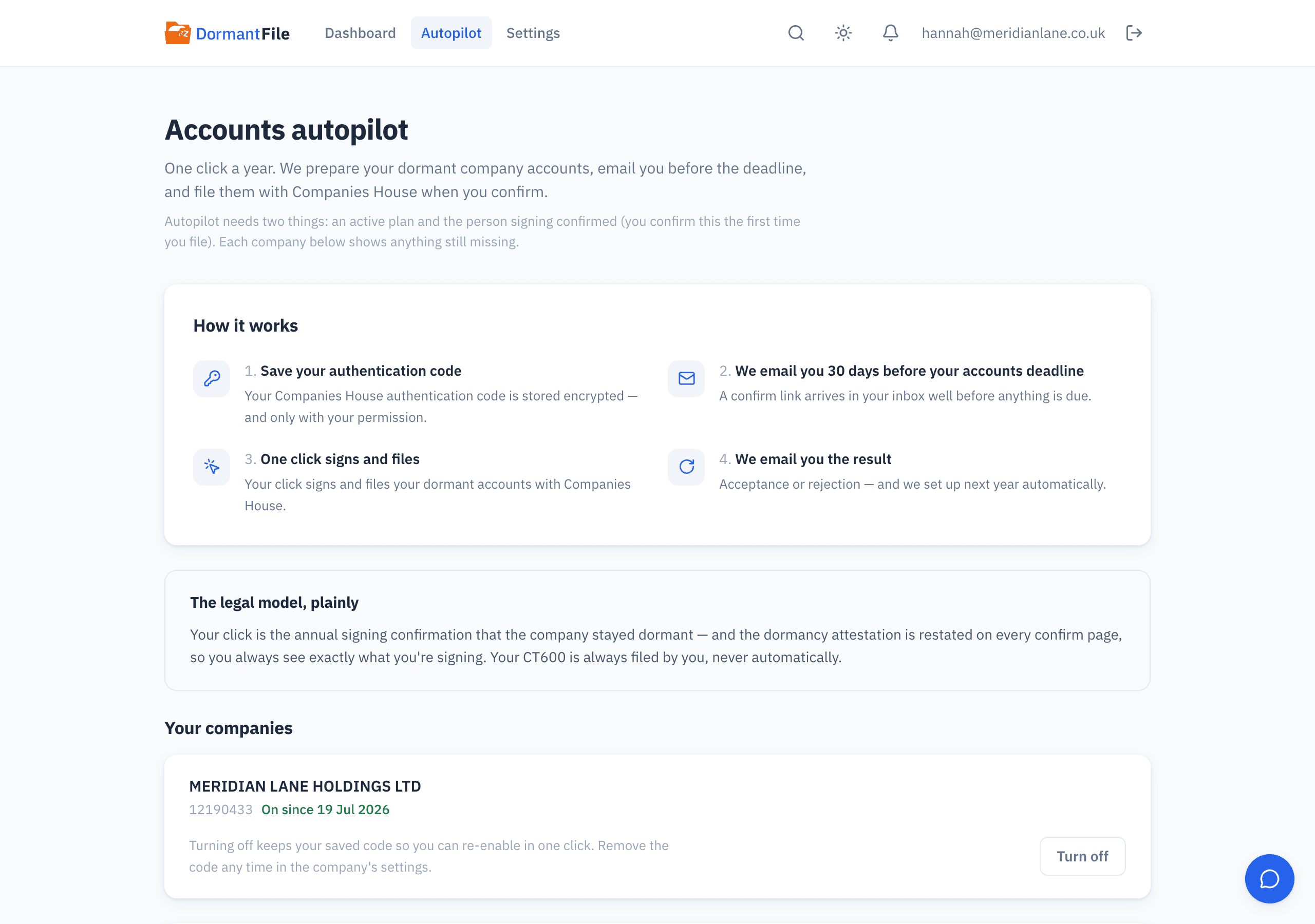 Autopilot settings for MERIDIAN LANE HOLDINGS LTD: enrolled, with the stored Companies House authentication code, the confirmed director, and the date the next accounts will be filed automatically.