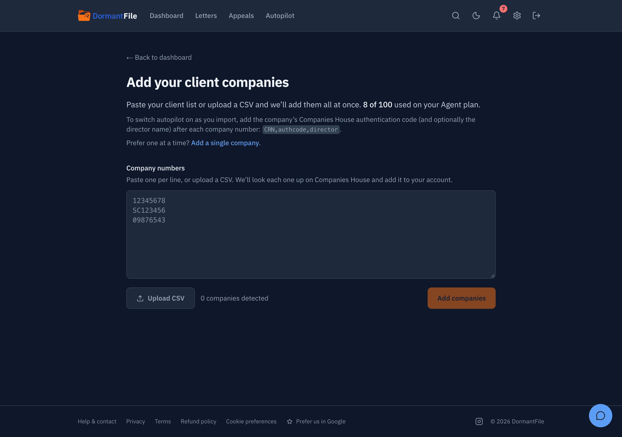 Bulk import for agents: a list of company numbers pasted in, each row resolved to its company name and status from the register, with the Import all button.