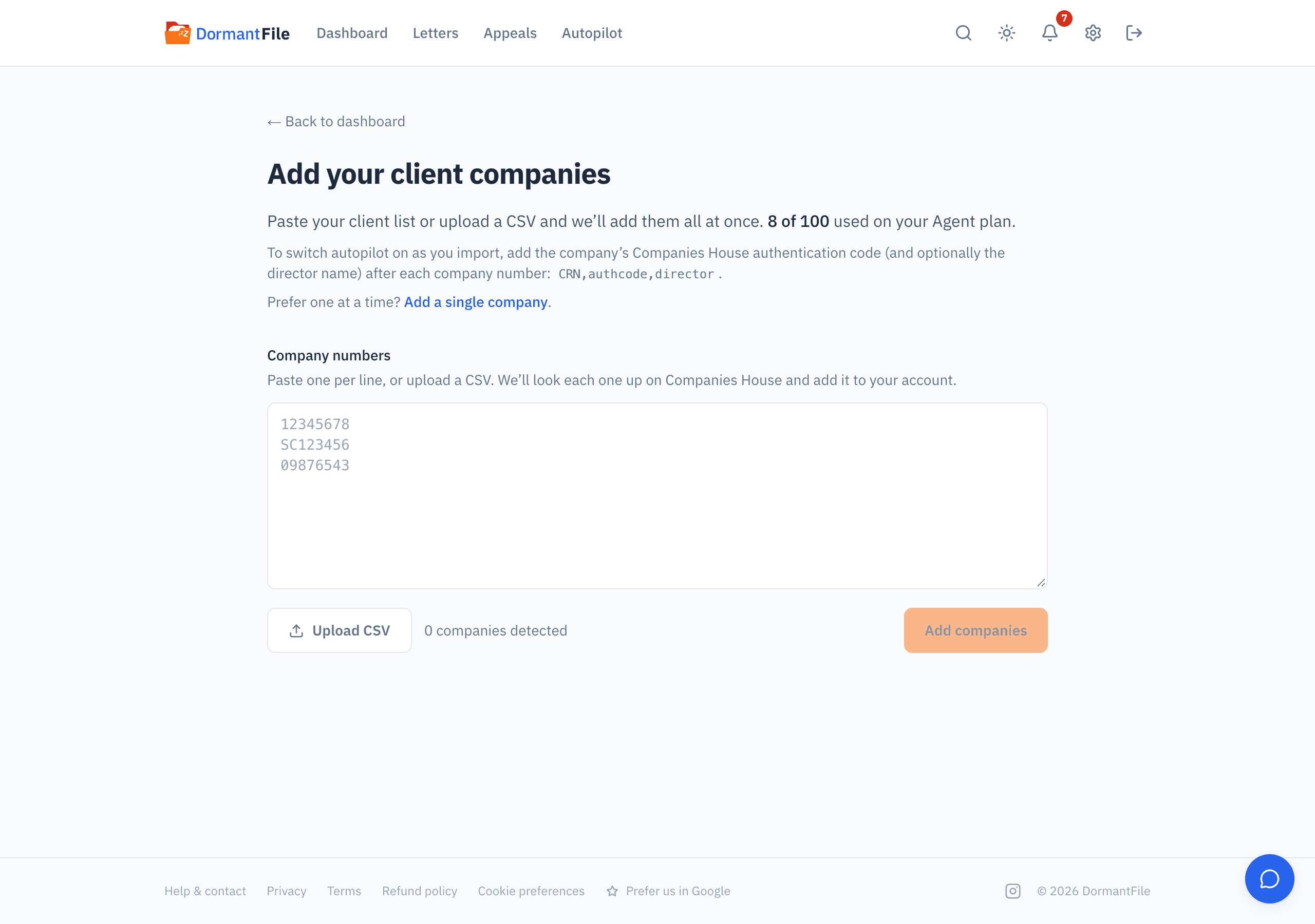 Bulk import for agents: a list of company numbers pasted in, each row resolved to its company name and status from the register, with the Import all button.