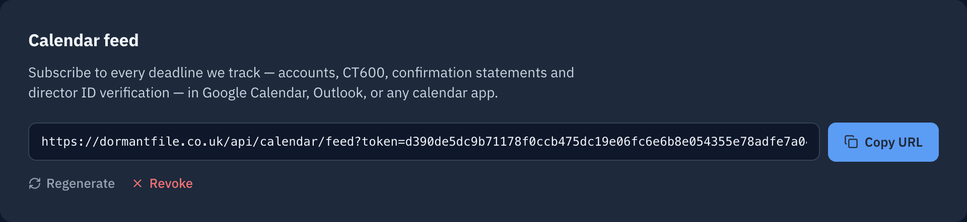 Calendar feed settings: the private subscription link for the account's filing deadlines, with instructions for Google Calendar, Apple Calendar and Outlook.
