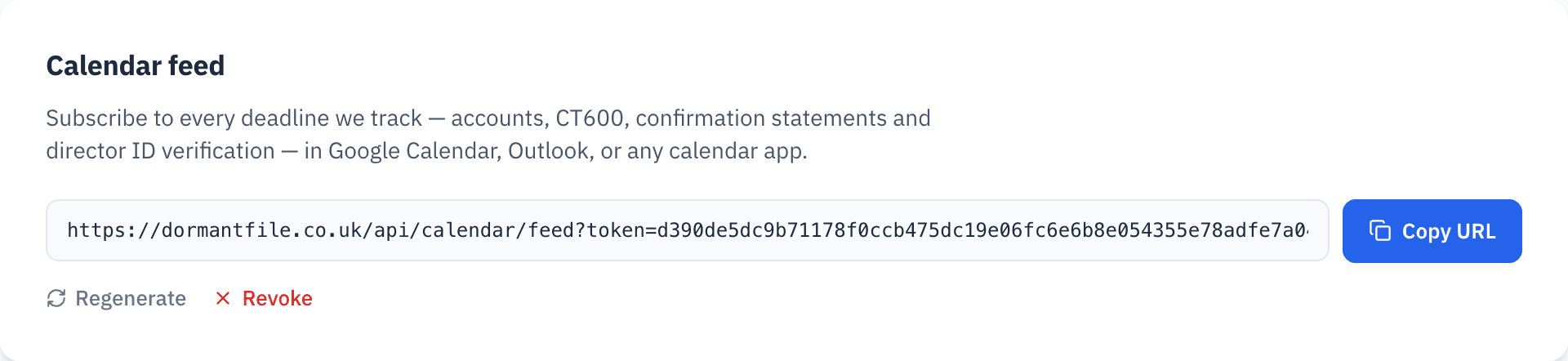 Calendar feed settings: the private subscription link for the account's filing deadlines, with instructions for Google Calendar, Apple Calendar and Outlook.