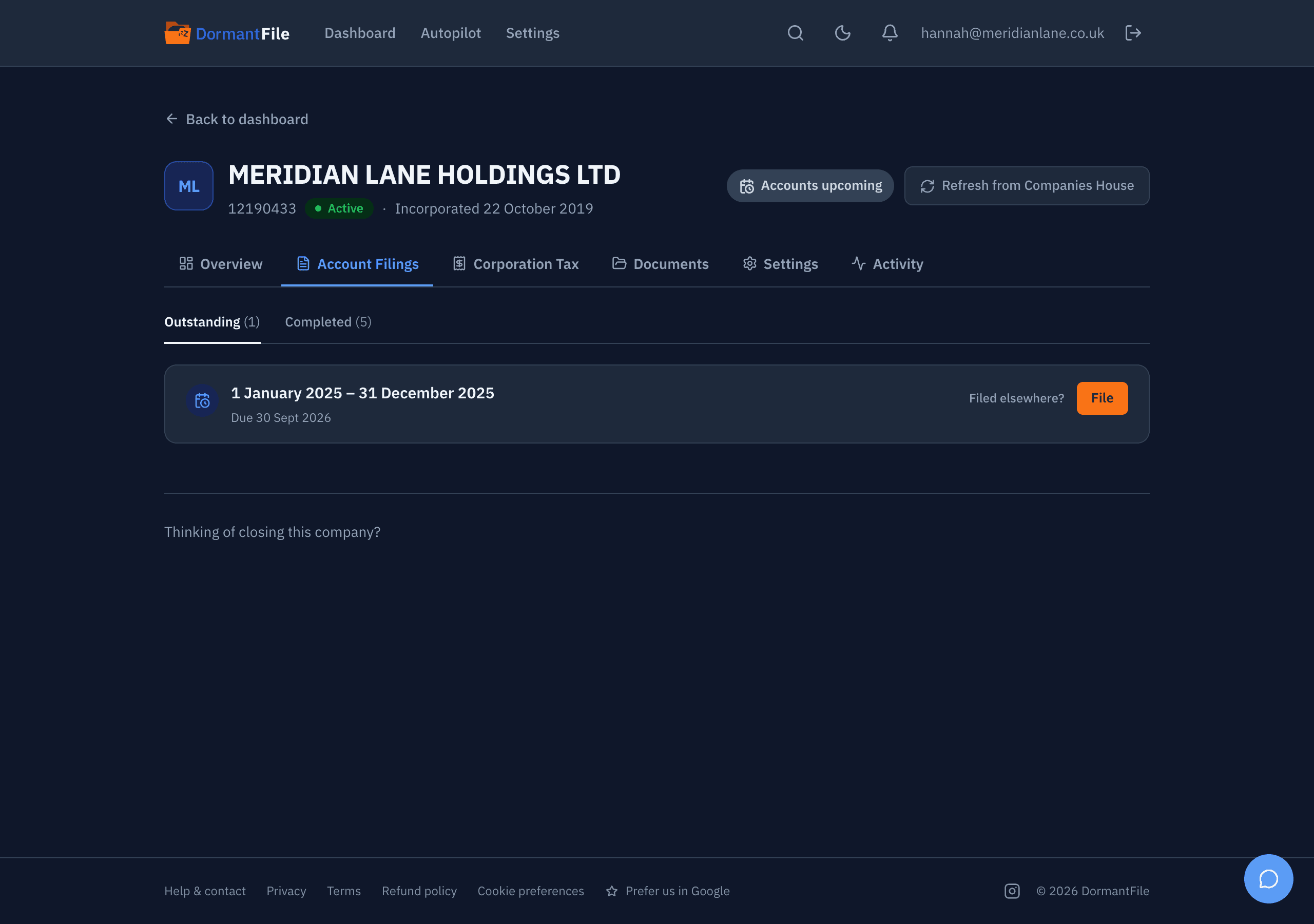 Filings tab for MERIDIAN LANE HOLDINGS LTD: the current accounts period marked outstanding with a File now button, and five earlier periods each showing accepted by Companies House with their dates.