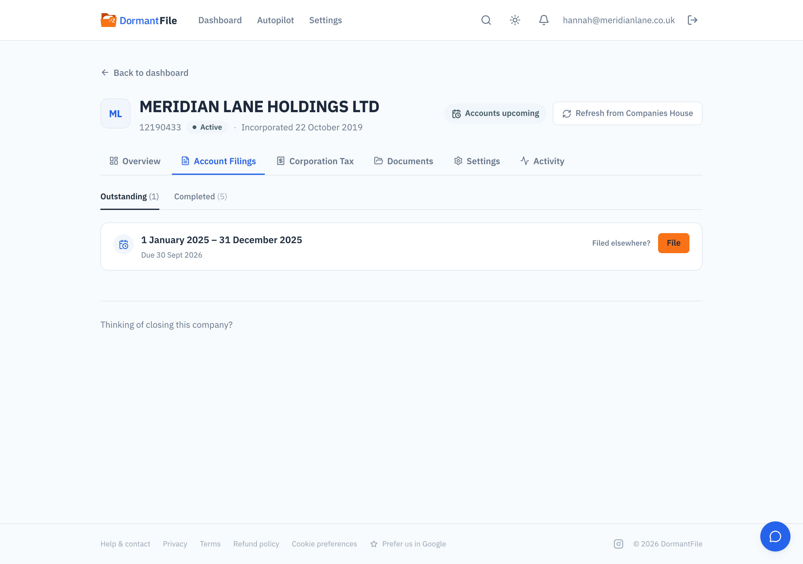 Filings tab for MERIDIAN LANE HOLDINGS LTD: the current accounts period marked outstanding with a File now button, and five earlier periods each showing accepted by Companies House with their dates.