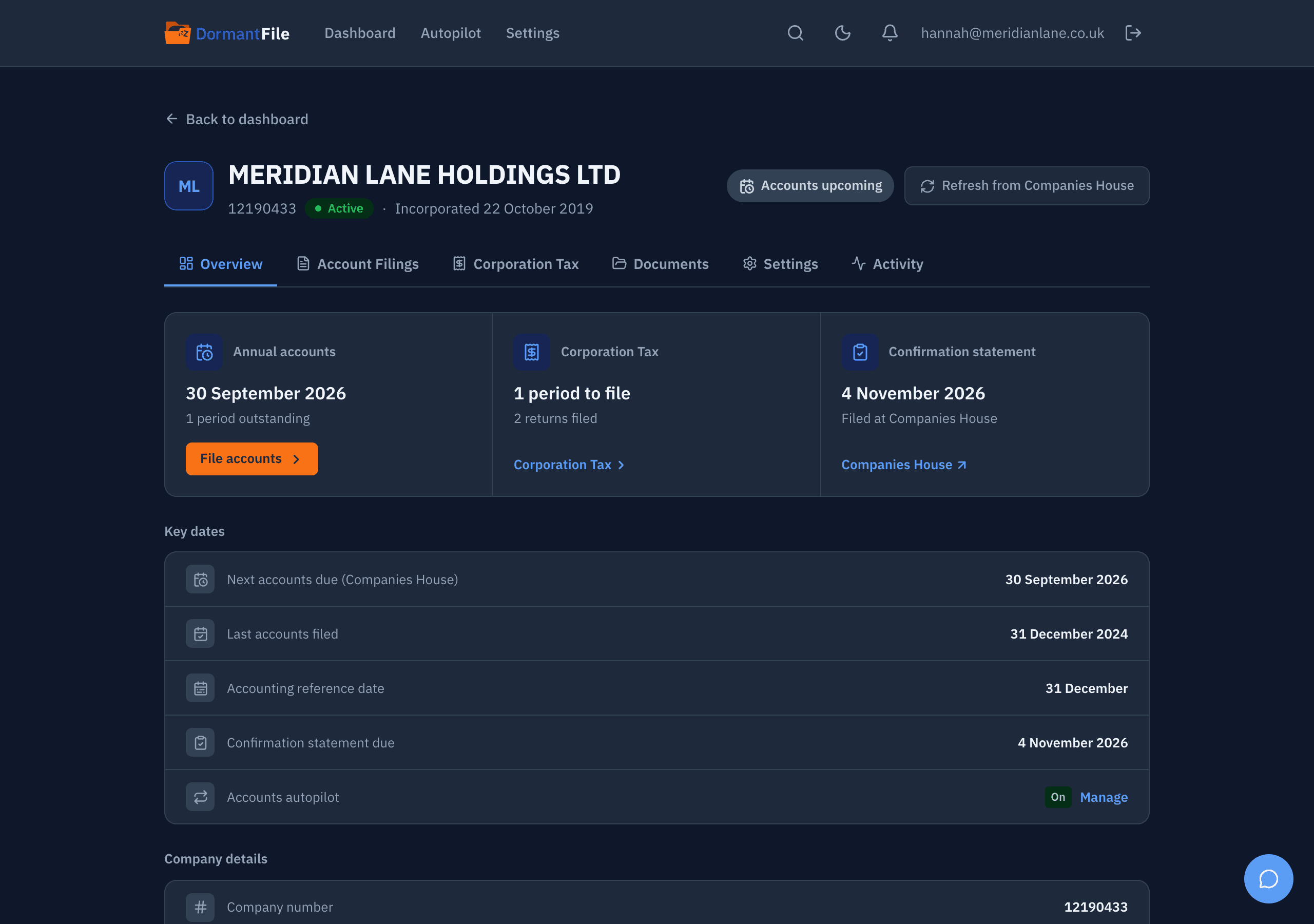 Company overview for MERIDIAN LANE HOLDINGS LTD: status Active, dormant, annual accounts due in 33 days with autopilot switched on, Corporation Tax up to date, and a register watch armed.