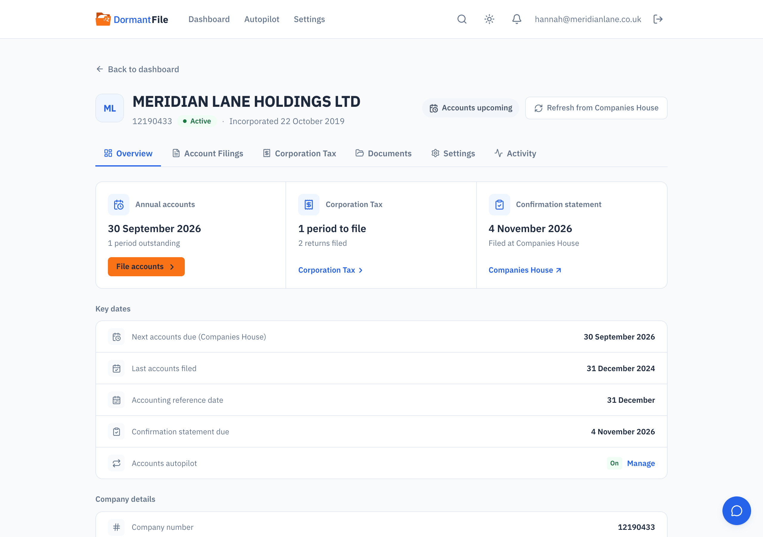 Company overview for MERIDIAN LANE HOLDINGS LTD: status Active, dormant, annual accounts due in 33 days with autopilot switched on, Corporation Tax up to date, and a register watch armed.