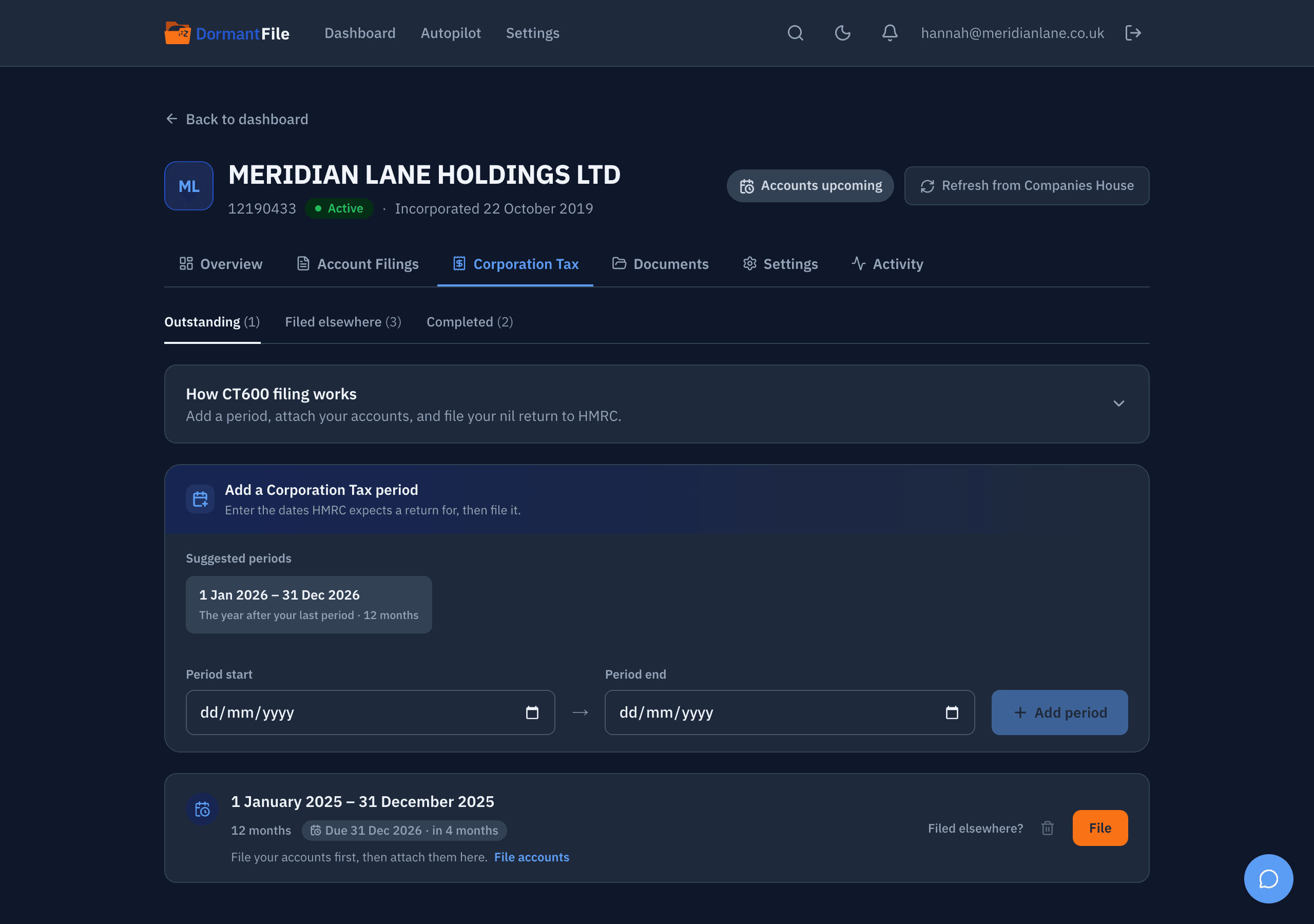 Corporation Tax tab for MERIDIAN LANE HOLDINGS LTD: the entered accounting periods on a timeline, the two most recent CT600s accepted by HMRC, and the current period awaiting a return.