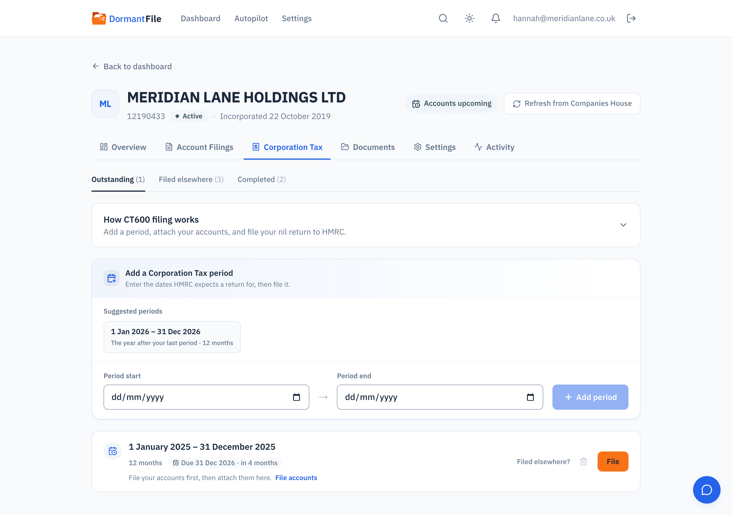 Corporation Tax tab for MERIDIAN LANE HOLDINGS LTD: the entered accounting periods on a timeline, the two most recent CT600s accepted by HMRC, and the current period awaiting a return.