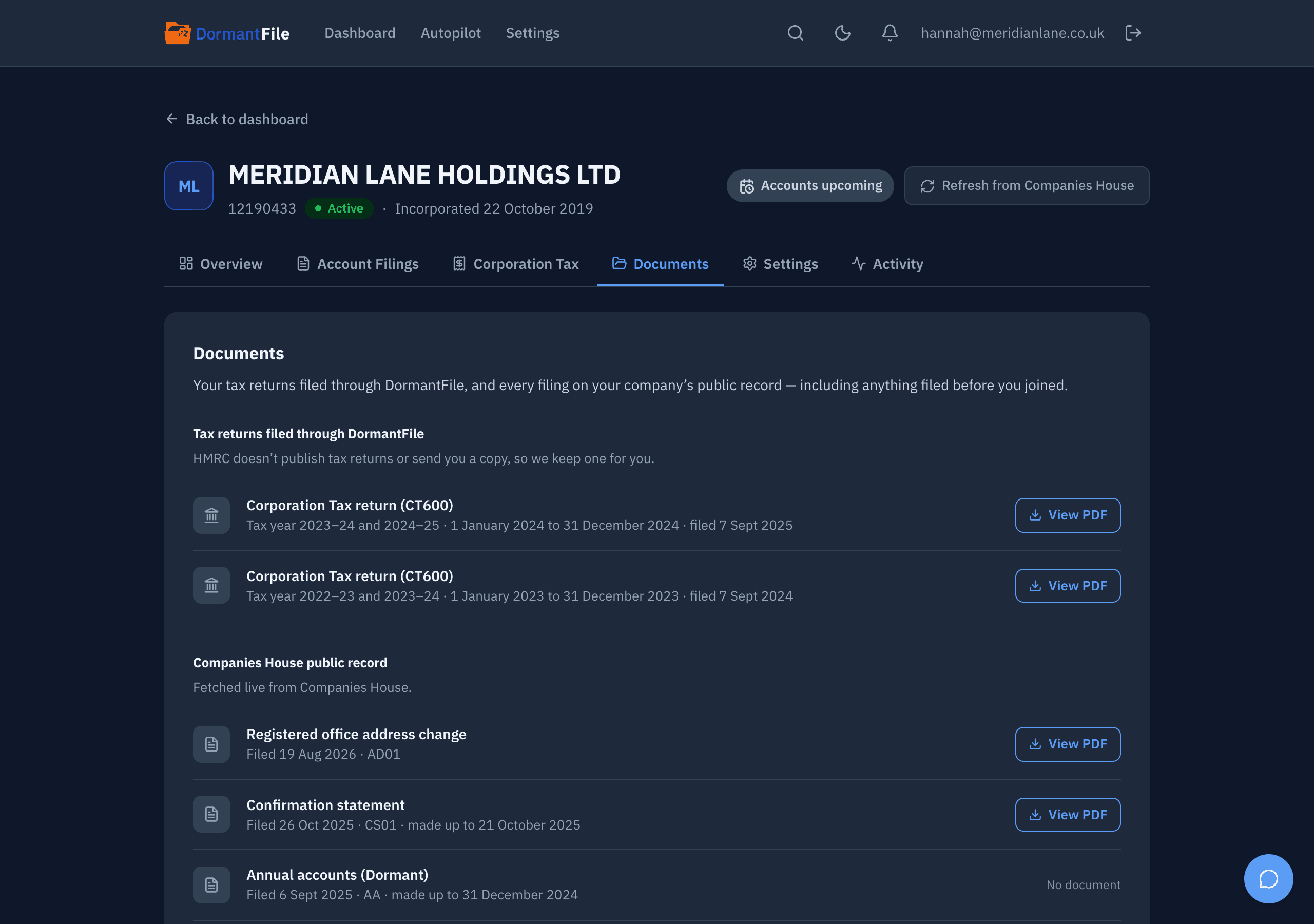 Documents tab for MERIDIAN LANE HOLDINGS LTD: filed accounts and CT600 return copies listed by period with download links, alongside the documents on the public Companies House record.