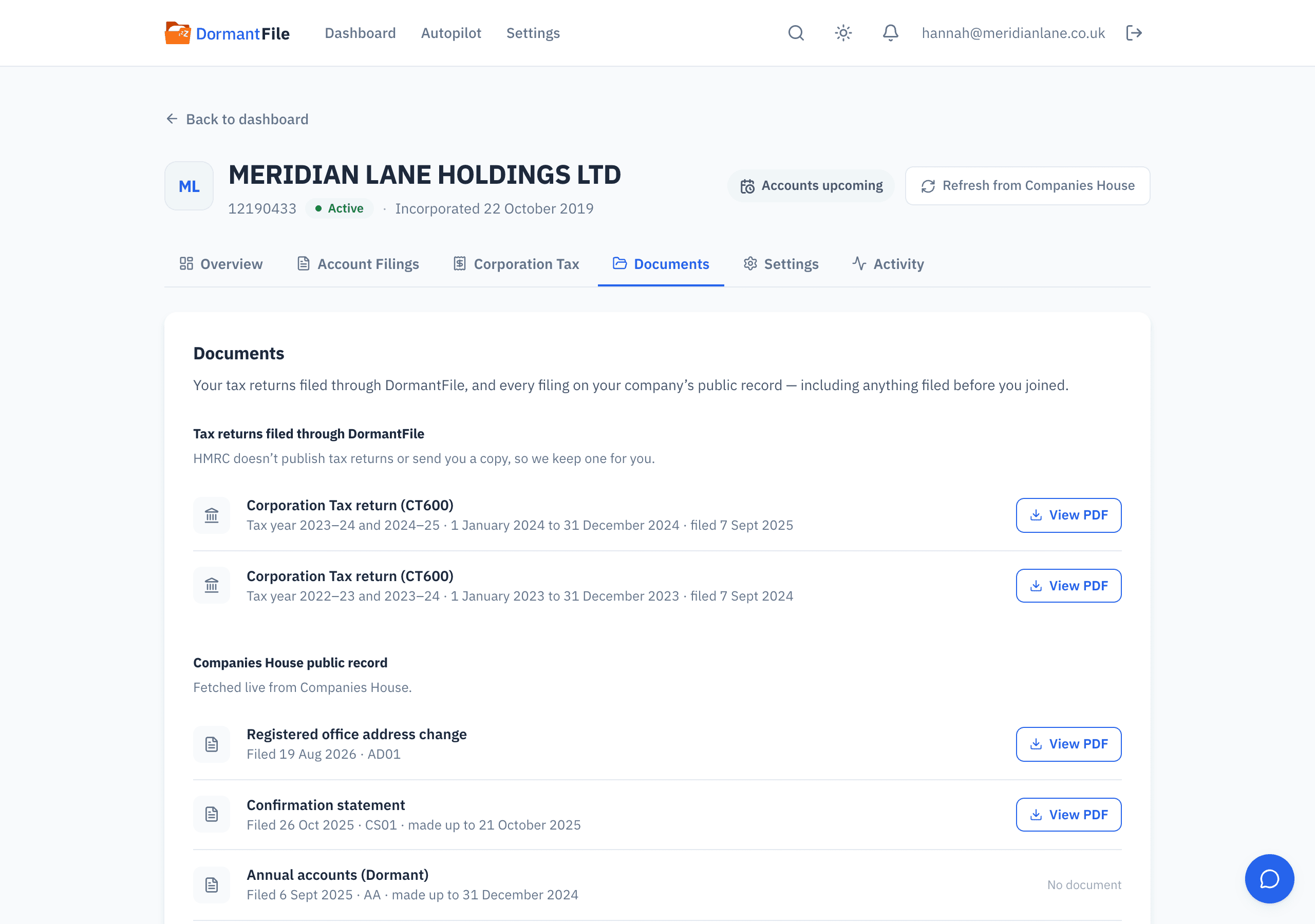 Documents tab for MERIDIAN LANE HOLDINGS LTD: filed accounts and CT600 return copies listed by period with download links, alongside the documents on the public Companies House record.