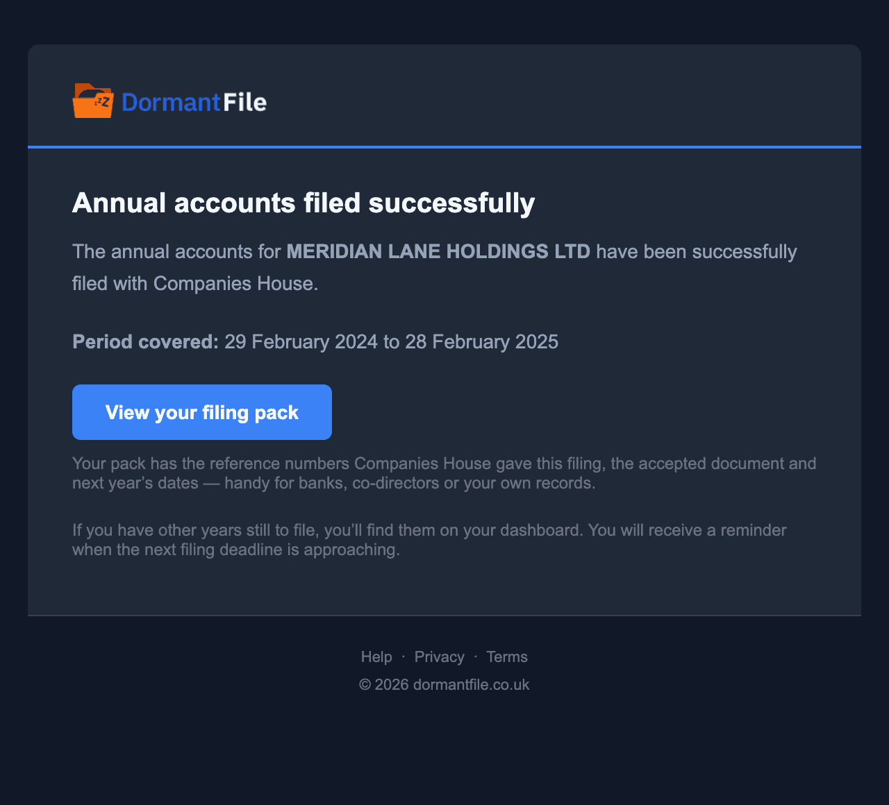 Confirmation email: the annual accounts for MERIDIAN LANE HOLDINGS LTD have been filed successfully with Companies House, with the period covered and a button to view the filing pack.