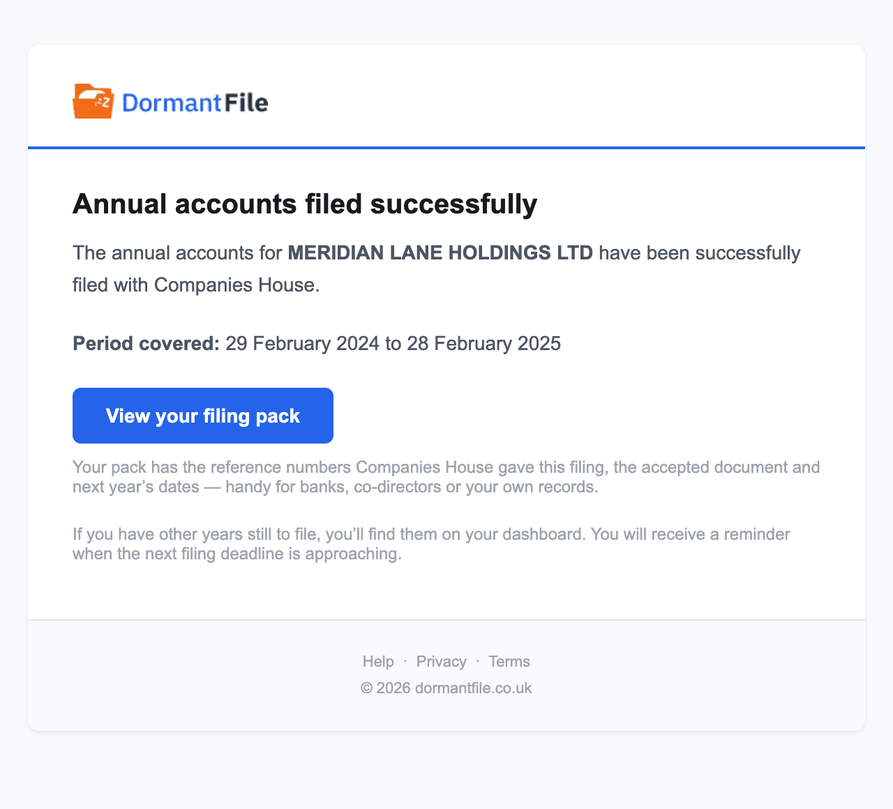 Confirmation email: the annual accounts for MERIDIAN LANE HOLDINGS LTD have been filed successfully with Companies House, with the period covered and a button to view the filing pack.