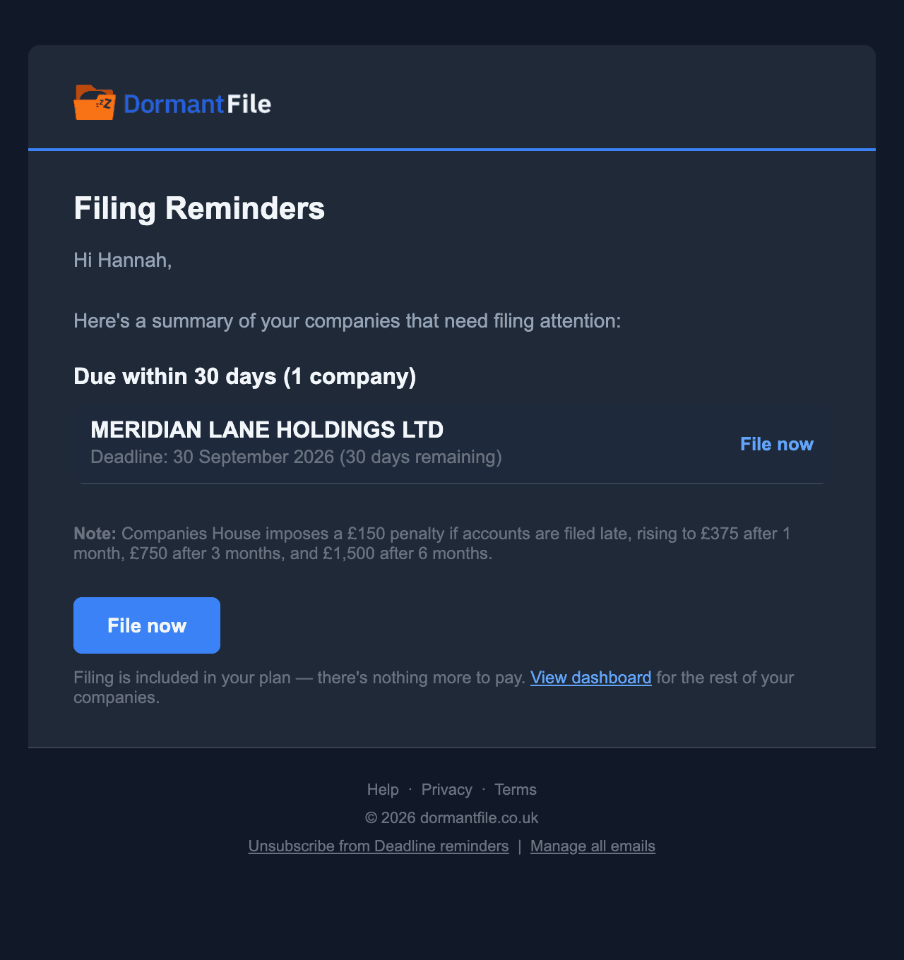 Reminder email: MERIDIAN LANE HOLDINGS LTD's annual accounts are due on 30 September 2026, 33 days away, with a button to file now and a note that autopilot will file them if nothing is done.