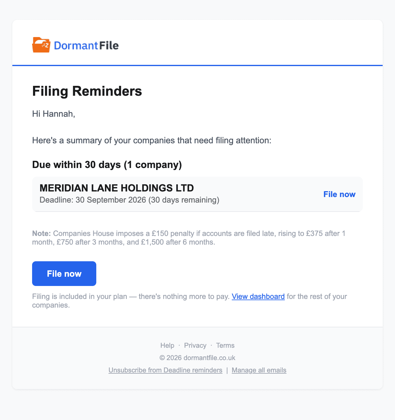 Reminder email: MERIDIAN LANE HOLDINGS LTD's annual accounts are due on 30 September 2026, 33 days away, with a button to file now and a note that autopilot will file them if nothing is done.