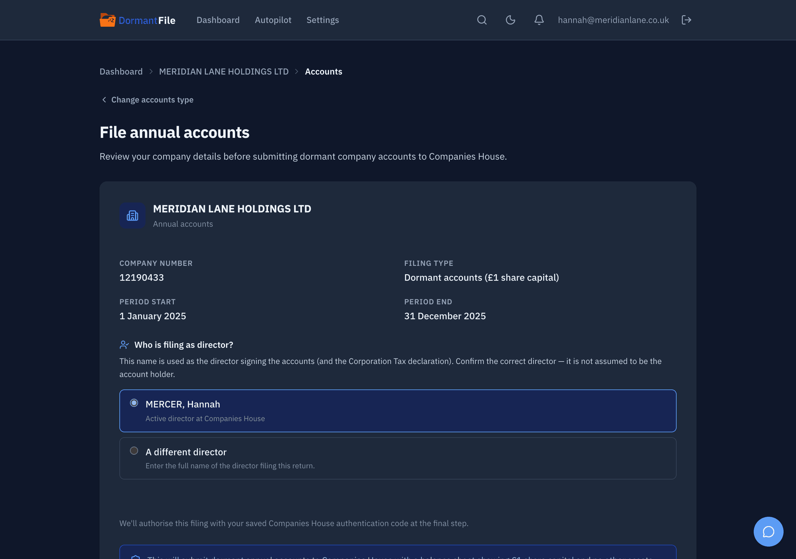 Final step of the dormant accounts filing wizard: period 1 January to 31 December 2025, director Hannah Mercer confirmed, the dormancy declaration ticked, and the Submit to Companies House button.