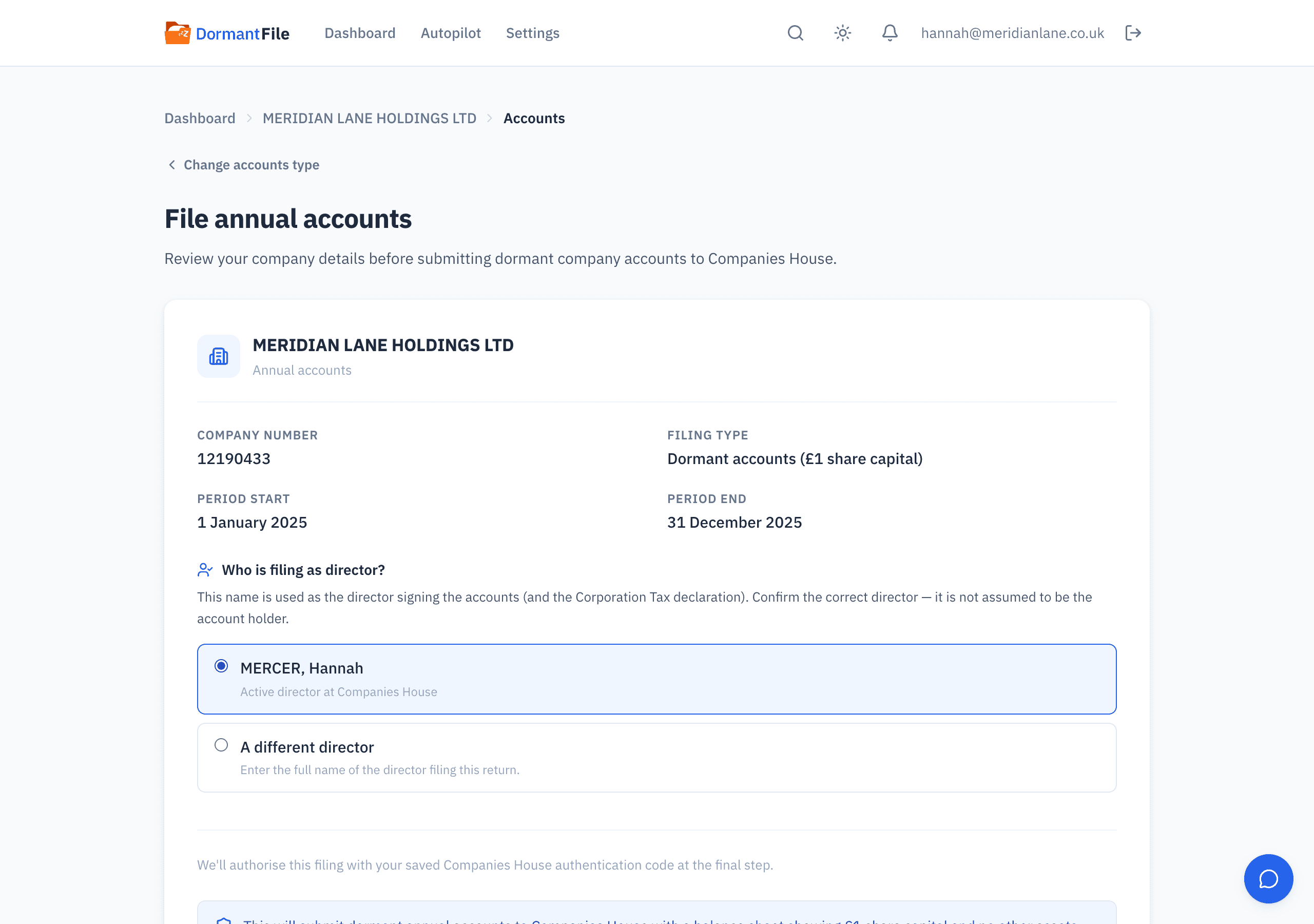 Final step of the dormant accounts filing wizard: period 1 January to 31 December 2025, director Hannah Mercer confirmed, the dormancy declaration ticked, and the Submit to Companies House button.