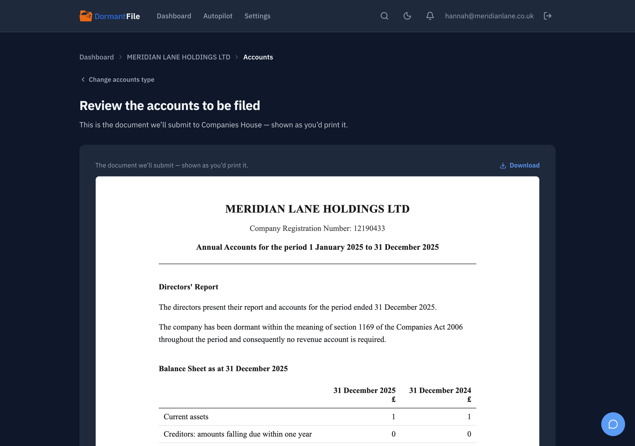 Preview of the dormant accounts about to be filed for MERIDIAN LANE HOLDINGS LTD: the balance sheet with share capital of £1, the director's statements, and the approval line.