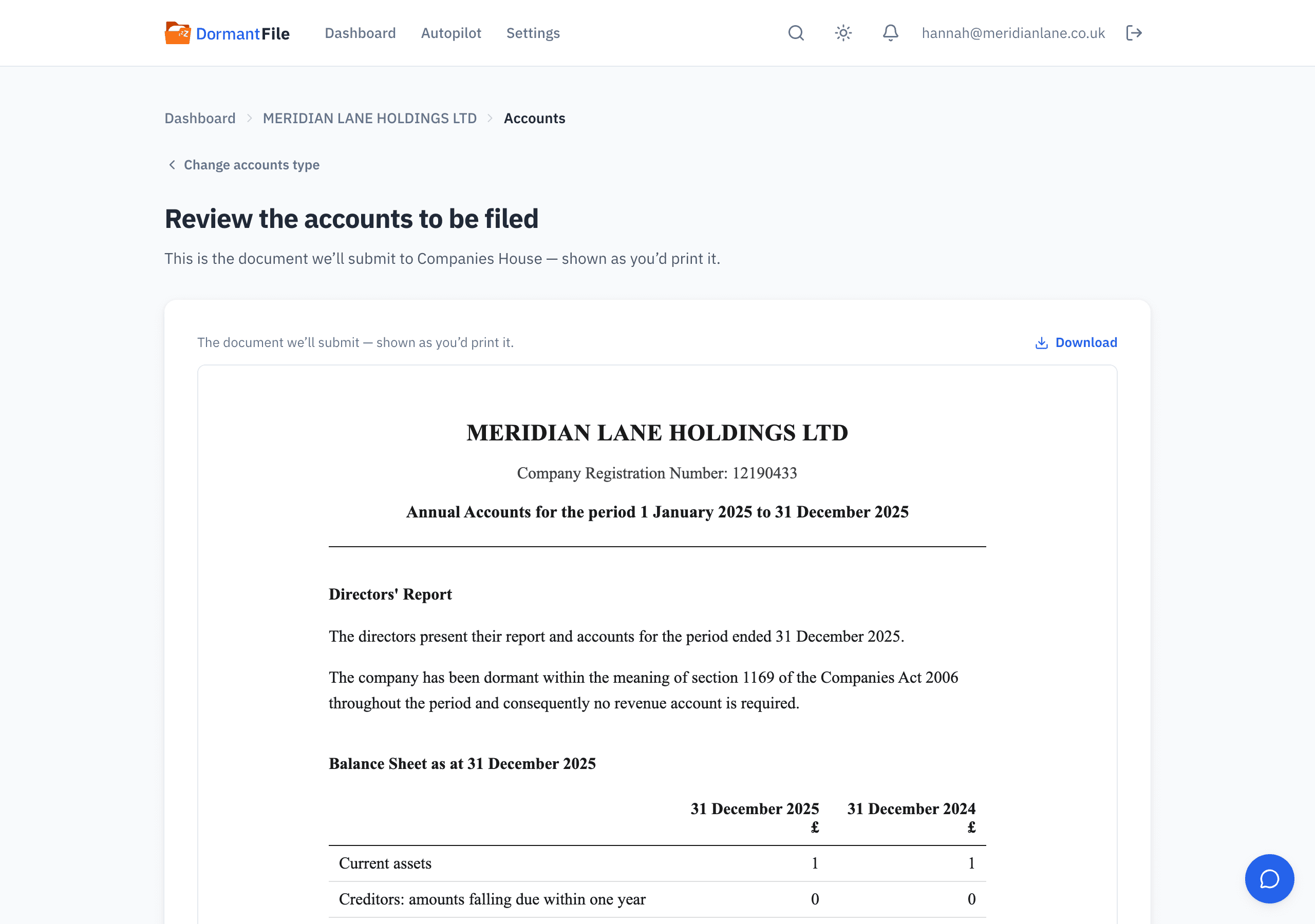 Preview of the dormant accounts about to be filed for MERIDIAN LANE HOLDINGS LTD: the balance sheet with share capital of £1, the director's statements, and the approval line.