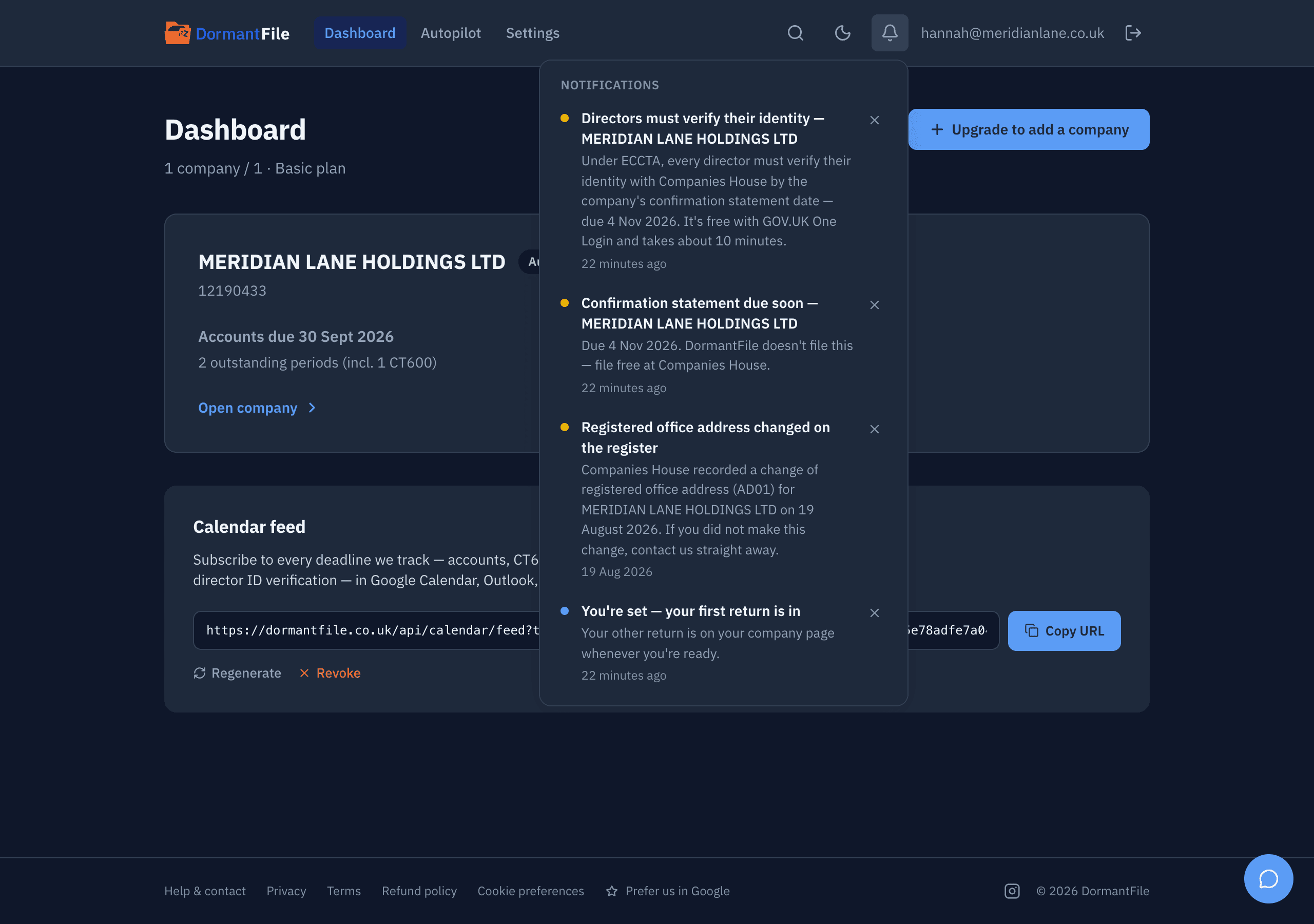The notification bell open on the dashboard, showing a register-change alert for MERIDIAN LANE HOLDINGS LTD with a link to review what changed.