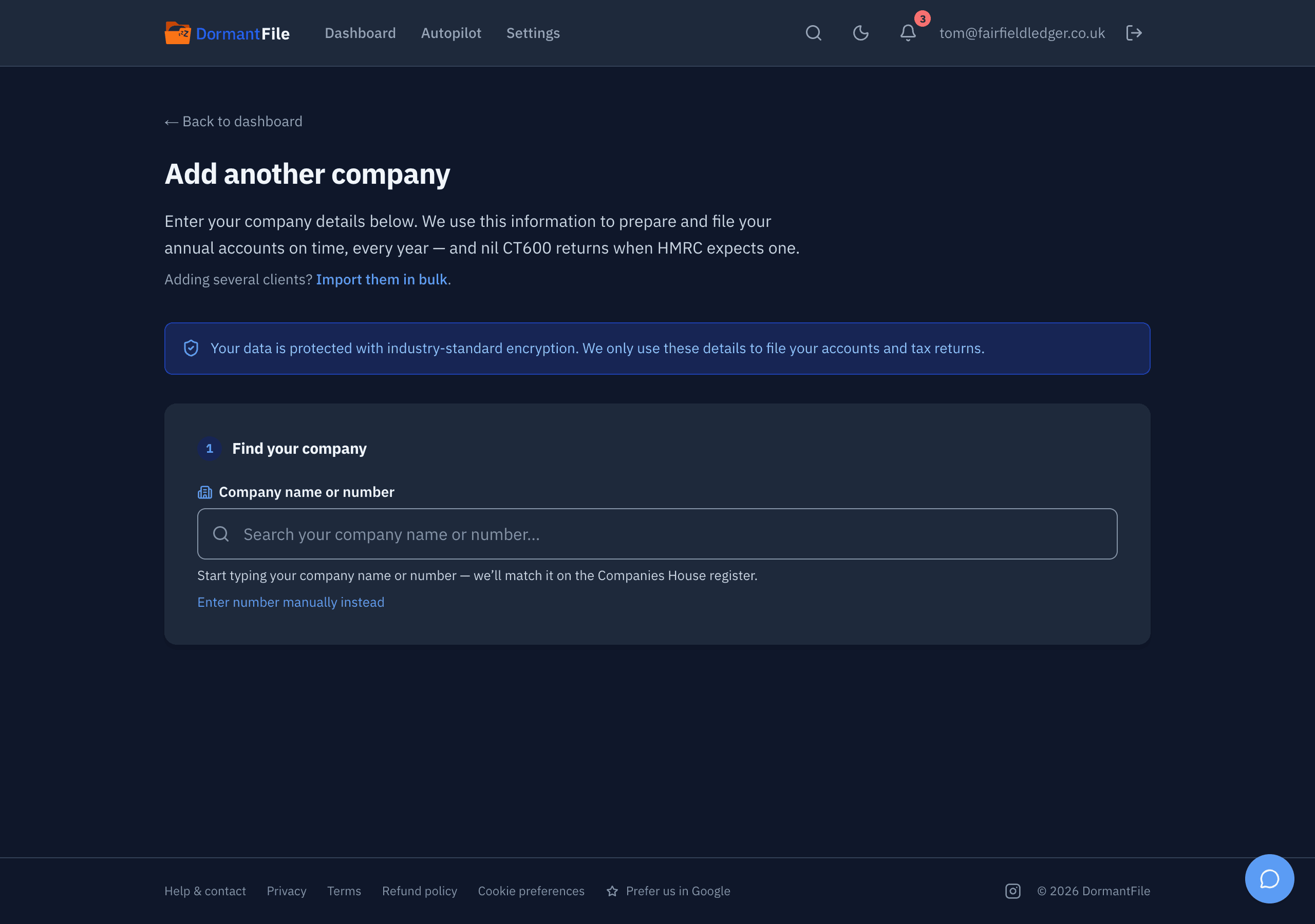 Add a company: a search by name or number showing MERIDIAN LANE HOLDINGS LTD found on the Companies House register, with its number, registered office and Active status, and the Add company button.
