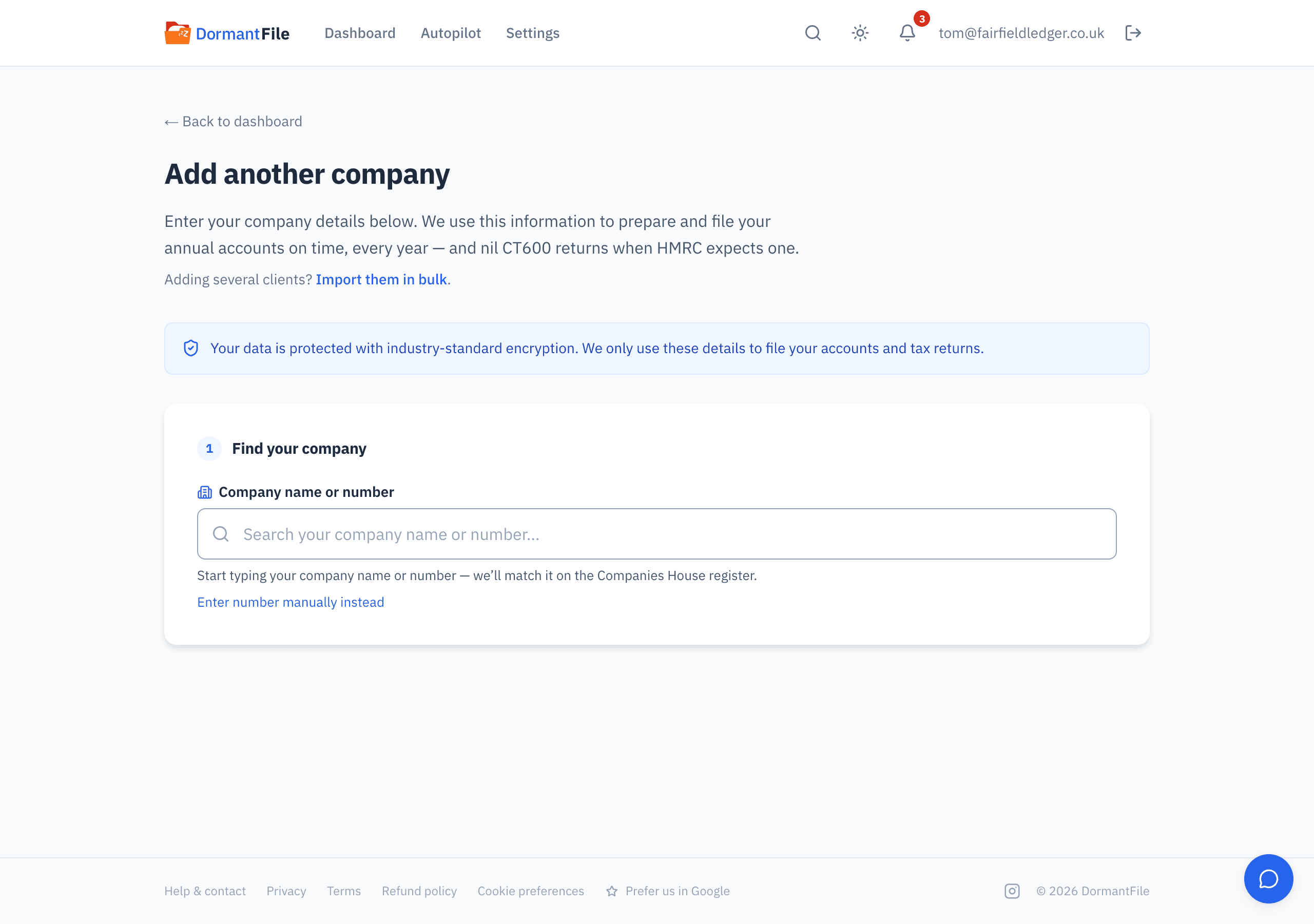 Add a company: a search by name or number showing MERIDIAN LANE HOLDINGS LTD found on the Companies House register, with its number, registered office and Active status, and the Add company button.