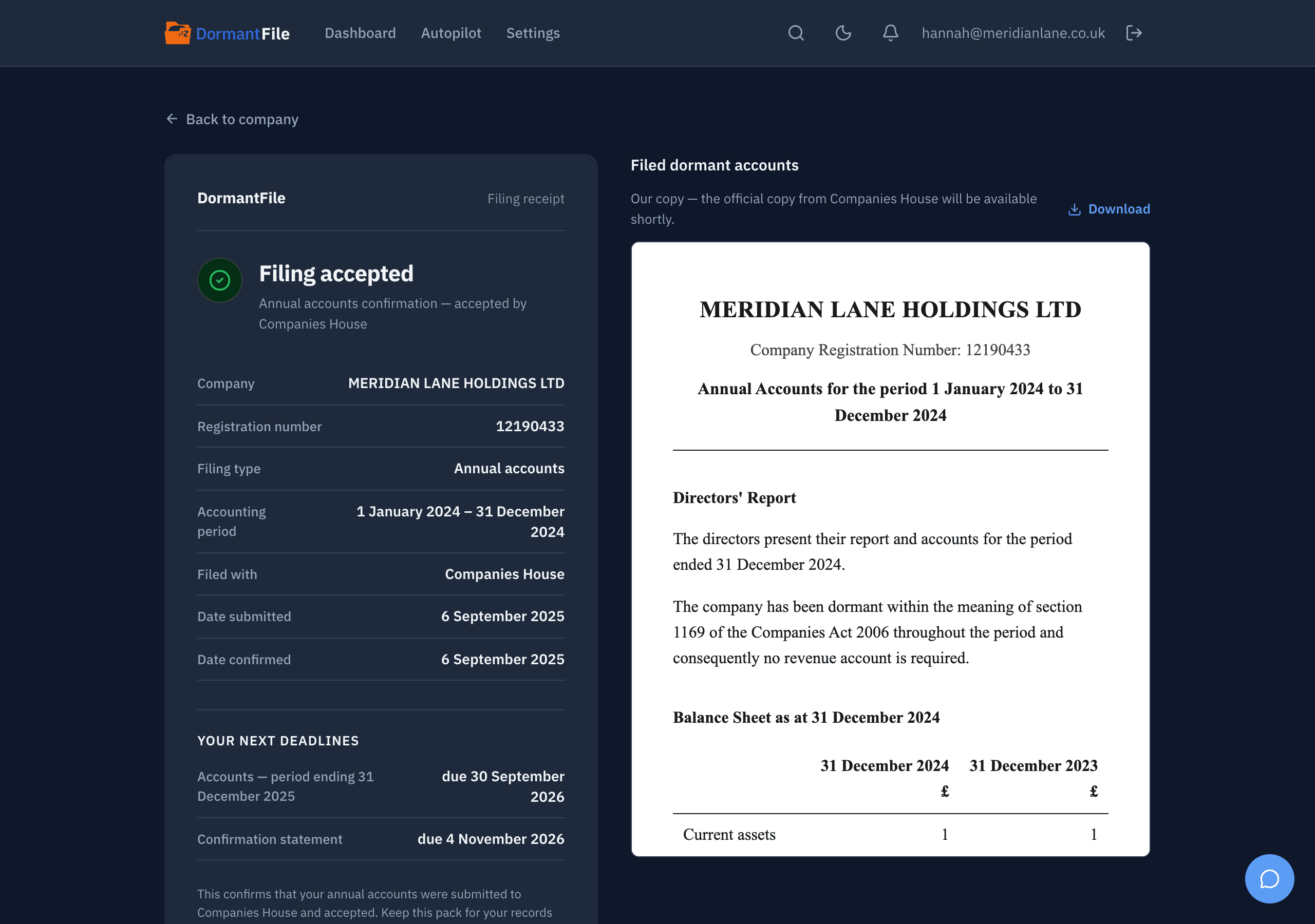 Filing receipt: dormant accounts for MERIDIAN LANE HOLDINGS LTD accepted by Companies House, with the submission number, the date and time of acceptance, and a link to download the filed document.