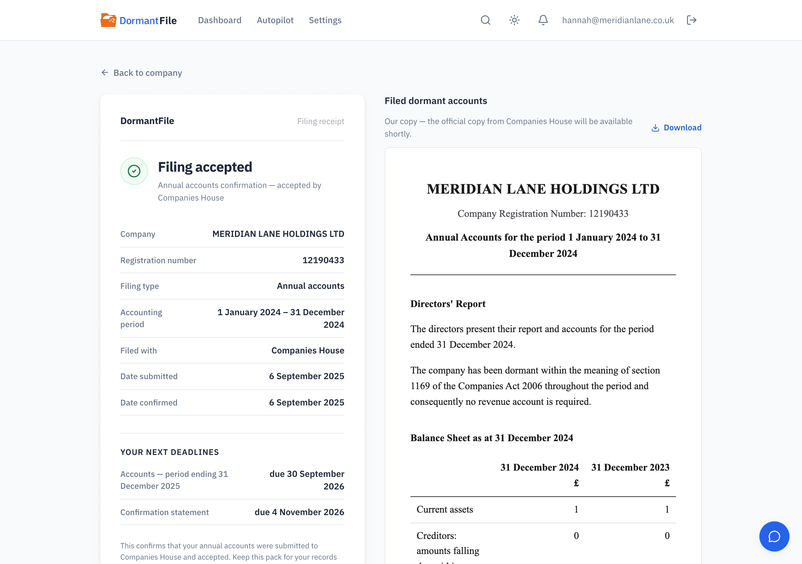 Filing receipt: dormant accounts for MERIDIAN LANE HOLDINGS LTD accepted by Companies House, with the submission number, the date and time of acceptance, and a link to download the filed document.